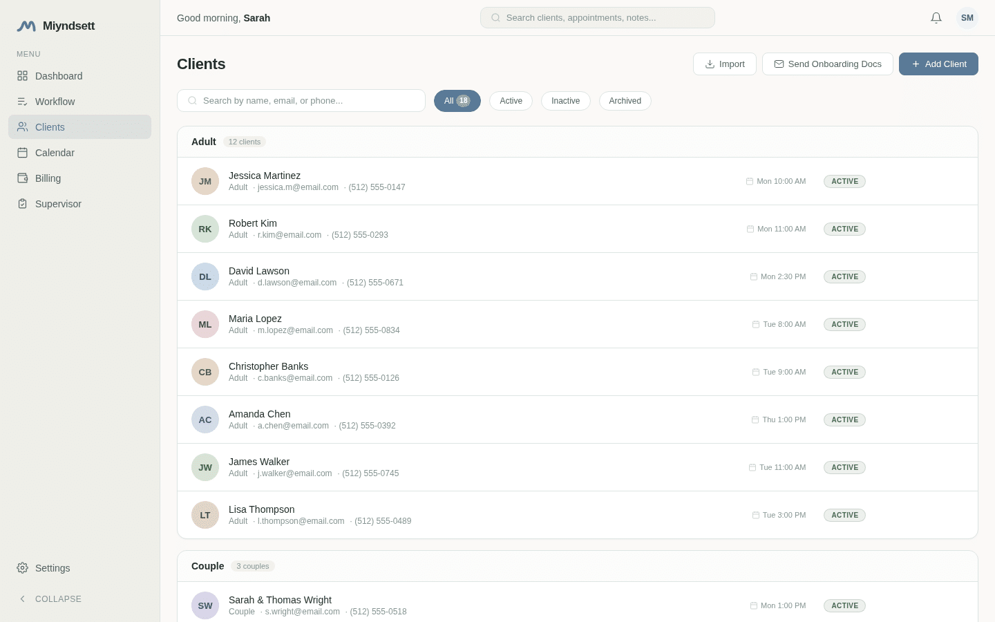 Miyndsett Client Management - Client profiles and session history