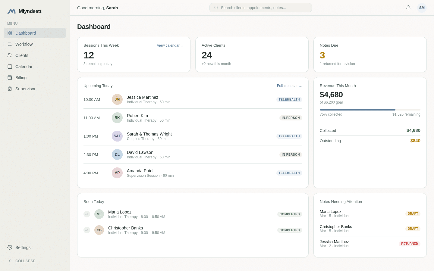Miyndsett Dashboard - Practice management for therapists