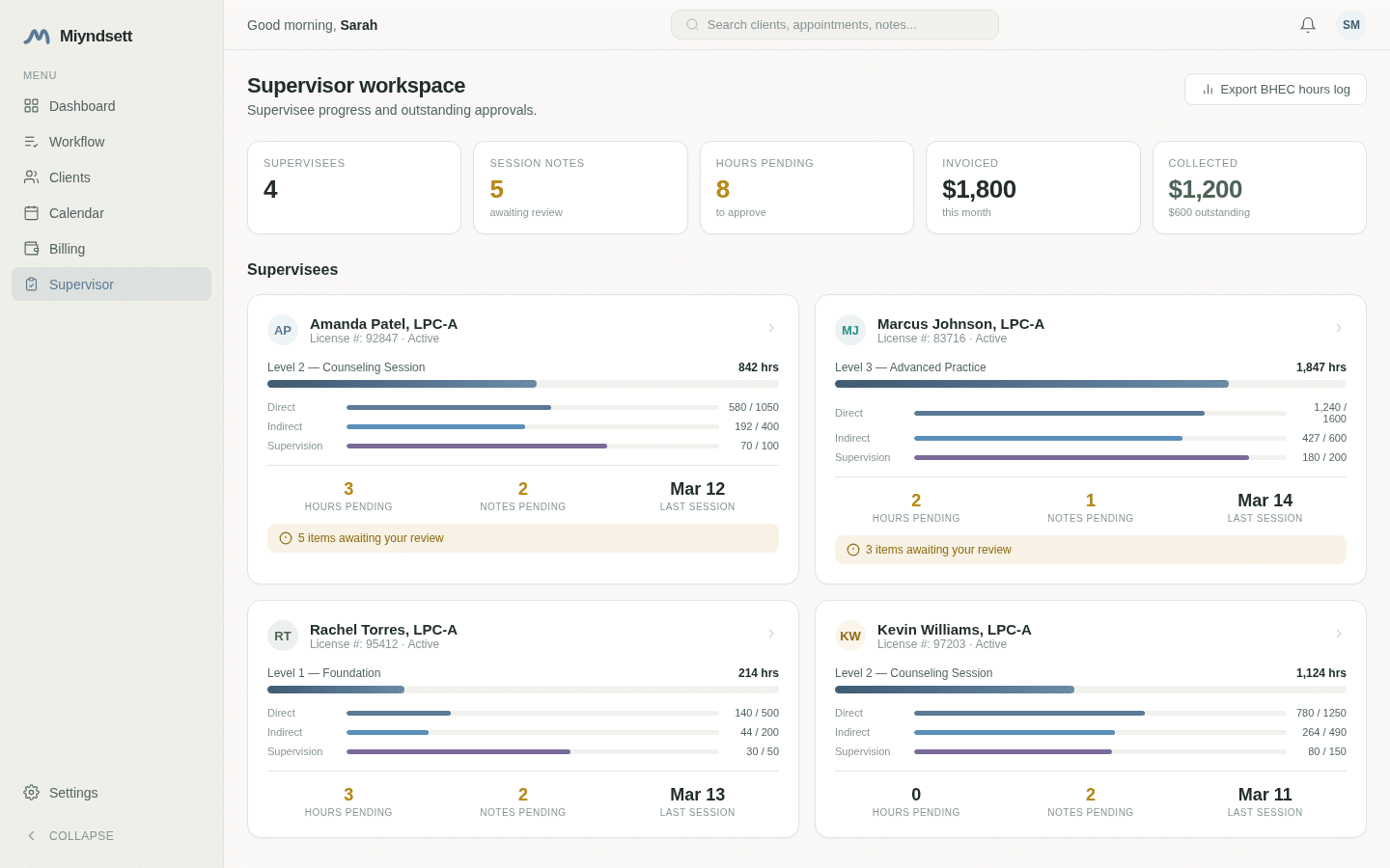 Miyndsett Supervision Dashboard - Track supervisee hours and progress